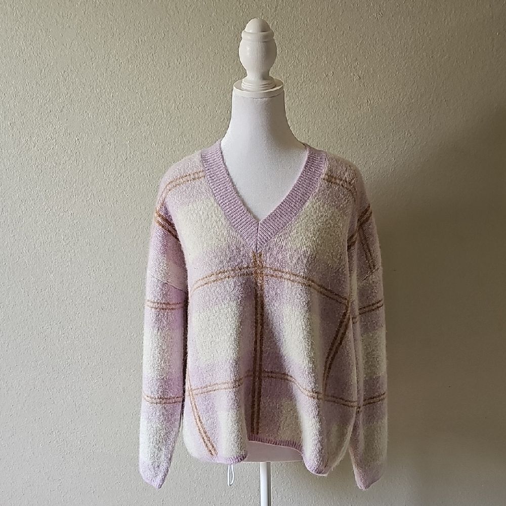 Rails Colleen Plaid Oversized Mohair Purple Plaid V Neck Sweater Medium